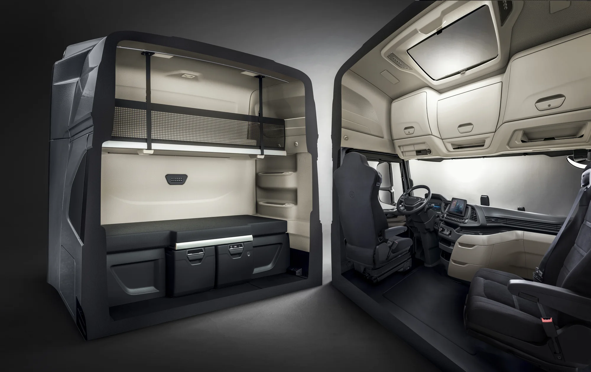 Doorsnede van de Active Space High cabine met slaapplaatsen en werkplek